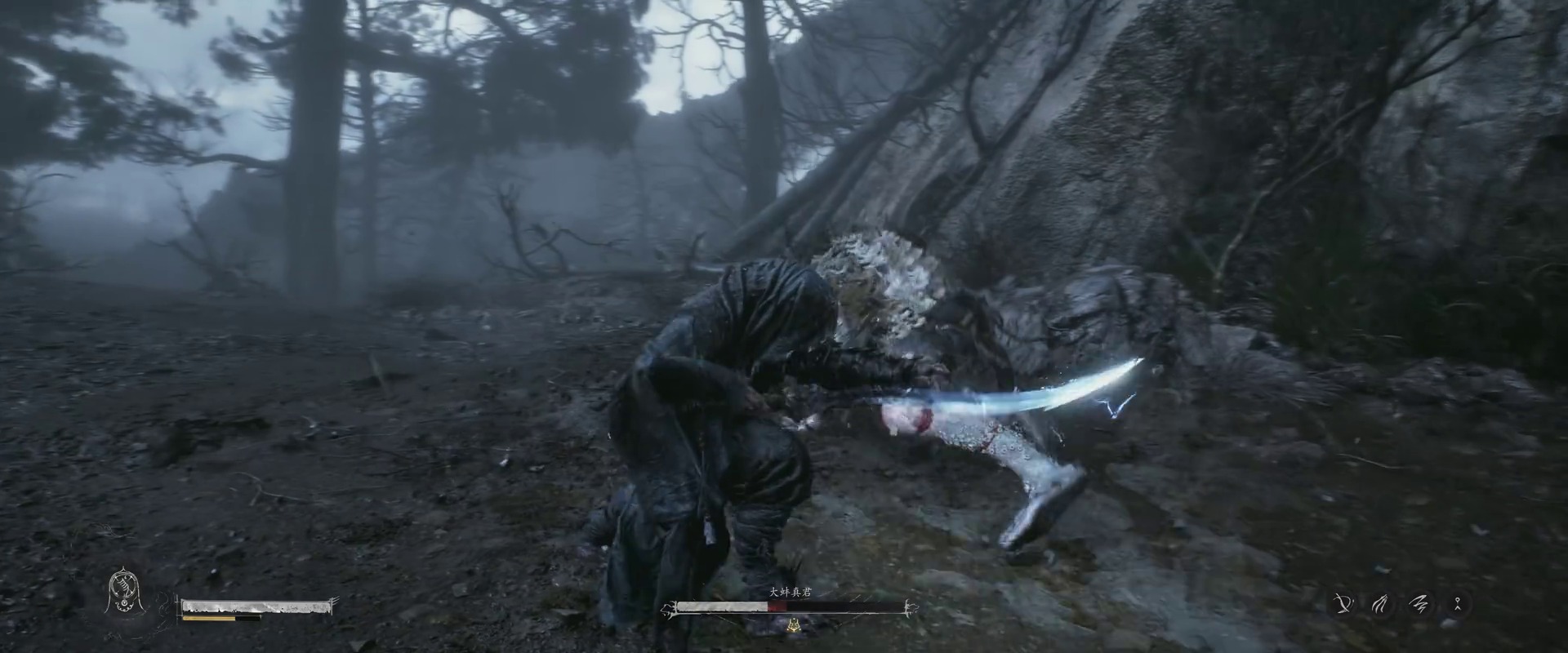 The black-cloaked ally swinging a blade with a blue arc of light in close-up