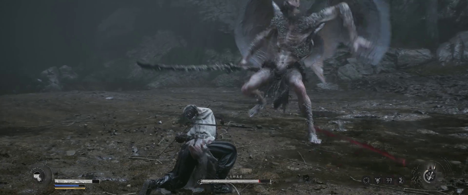 The swordsman dodging under the leaping giant clam boss with a red motion trail, HUD bars and skill icons visible