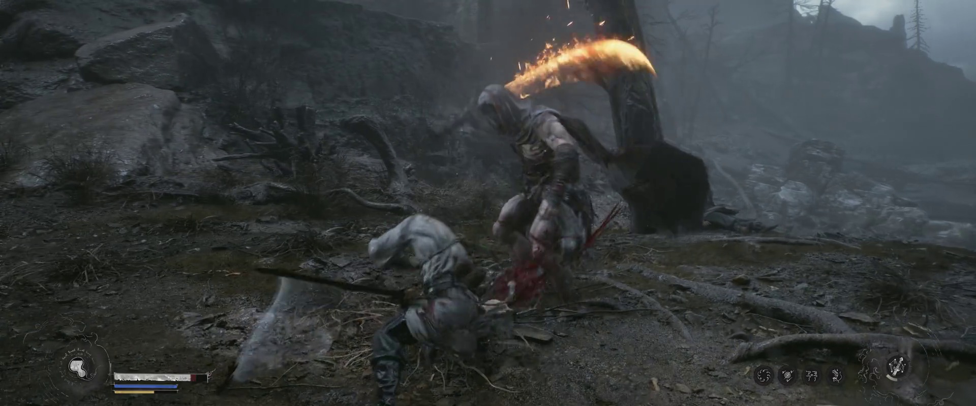 The swordsman sweeping a flame-empowered sword through a group of hooded spirits, fire spreading across the ground