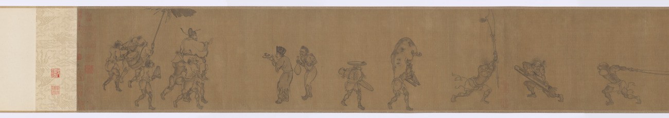 Ink handscroll section of a demon procession with an umbrella bearer and demons carrying goods