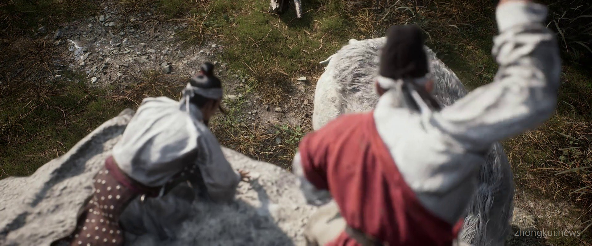 Two villagers pelting a large white-furred boar with stones in a grassy clearing