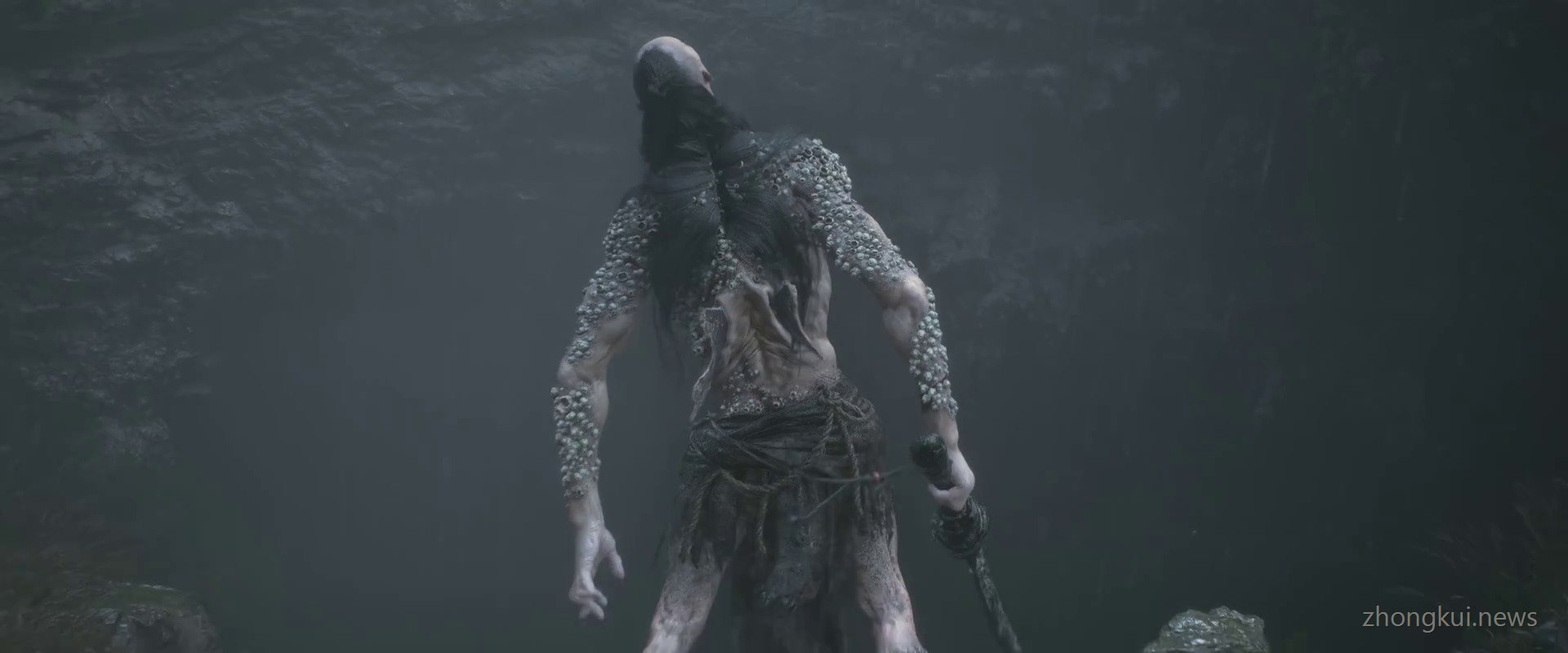 The clam boss in its second phase, a pale humanoid figure with barnacle-covered shoulders standing in the rain