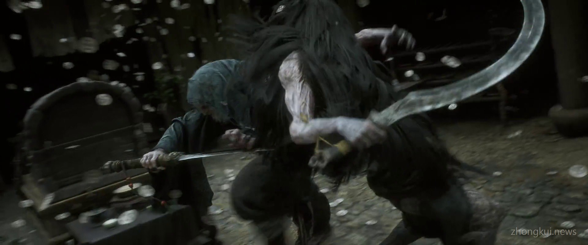 A hair-covered ghoul swinging a curved blade amid a storm of square-holed paper funeral money