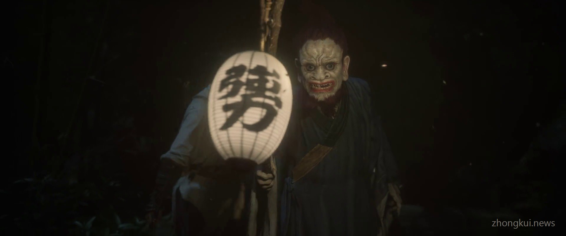 Close view of a white-faced ghoul holding a white paper lantern marked with the character for funeral libation