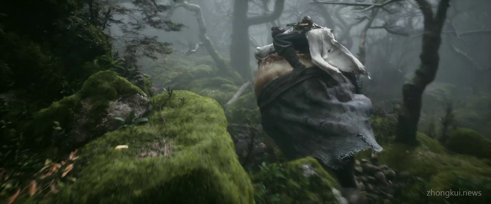 The swordsman riding a large stitched, headless creature through a mossy forest
