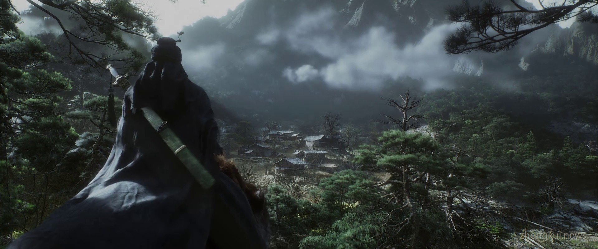 A black-robed figure on a tiger overlooking a misty mountain village, a sword on his back