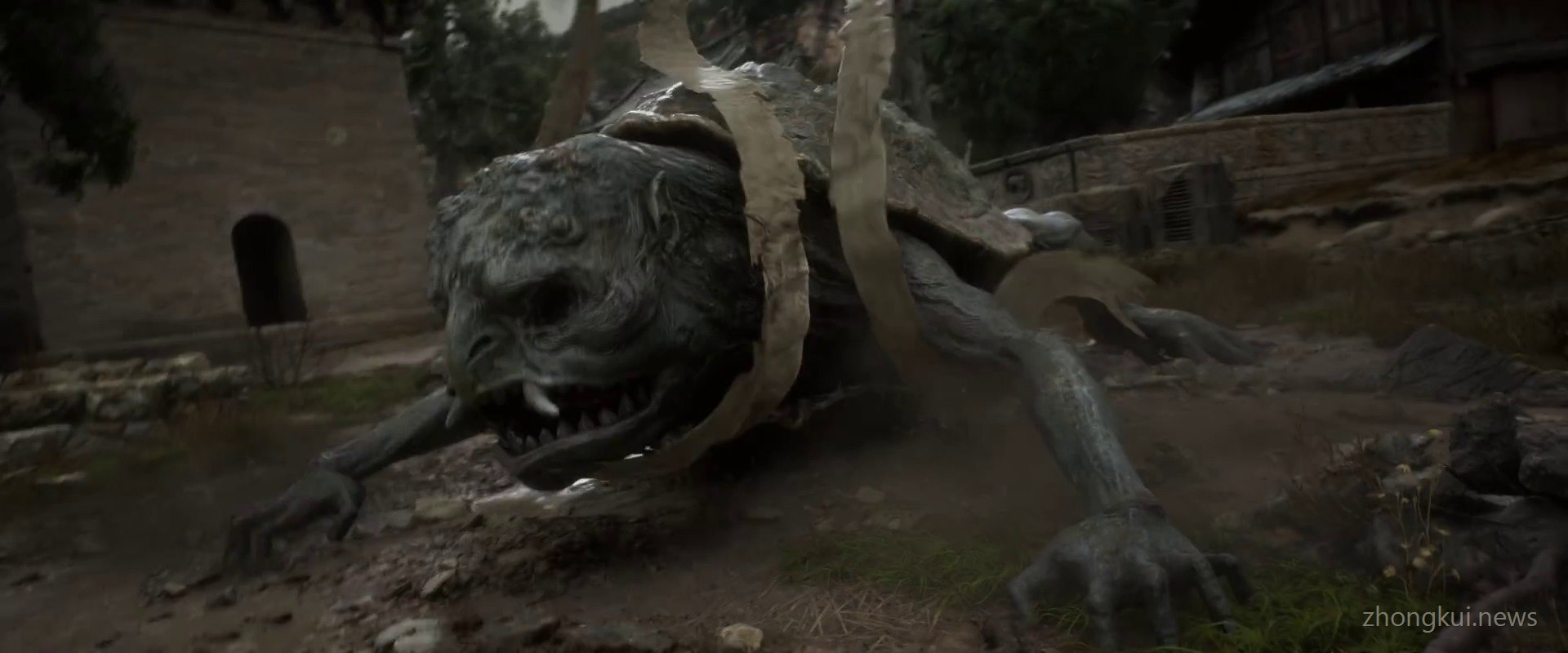 A large creature with a monk-like head and a turtle's body crawling through a village, paper talismans stuck to its back