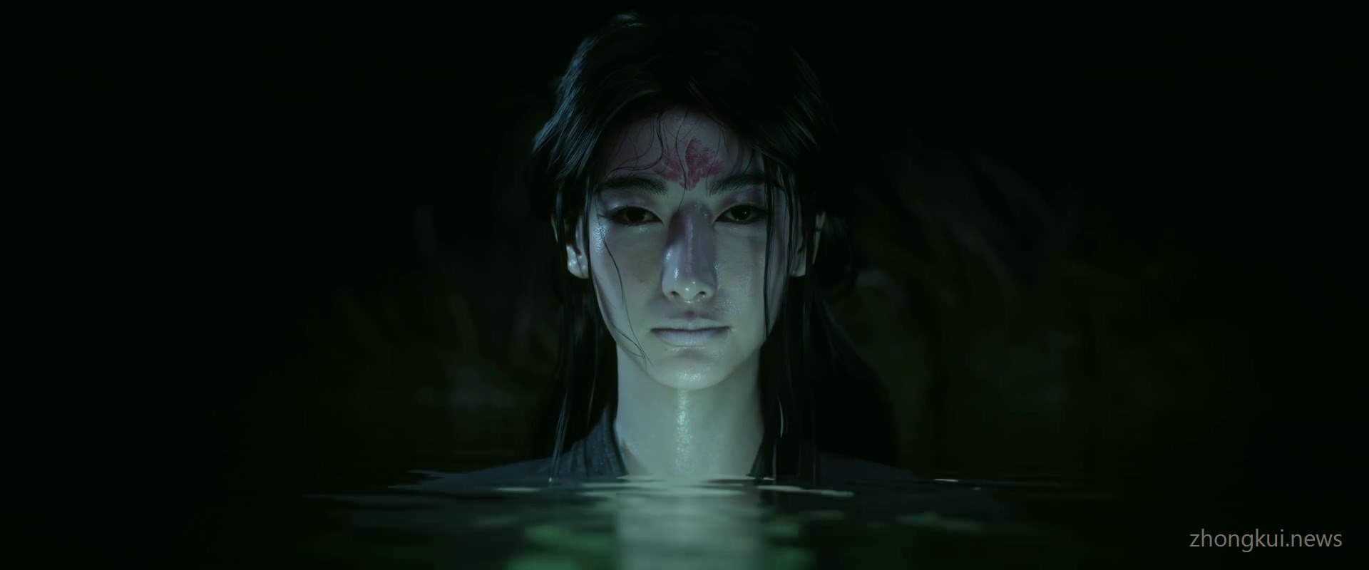 A pale woman with wet hair and a red forehead ornament rising from dark water, eyes open
