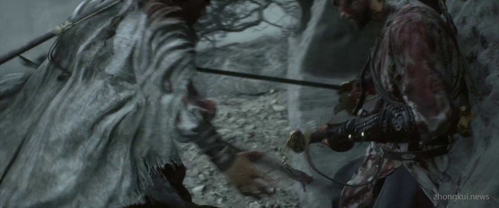 The swordsman crossing blades with a similarly dressed opponent on a cliffside temple path