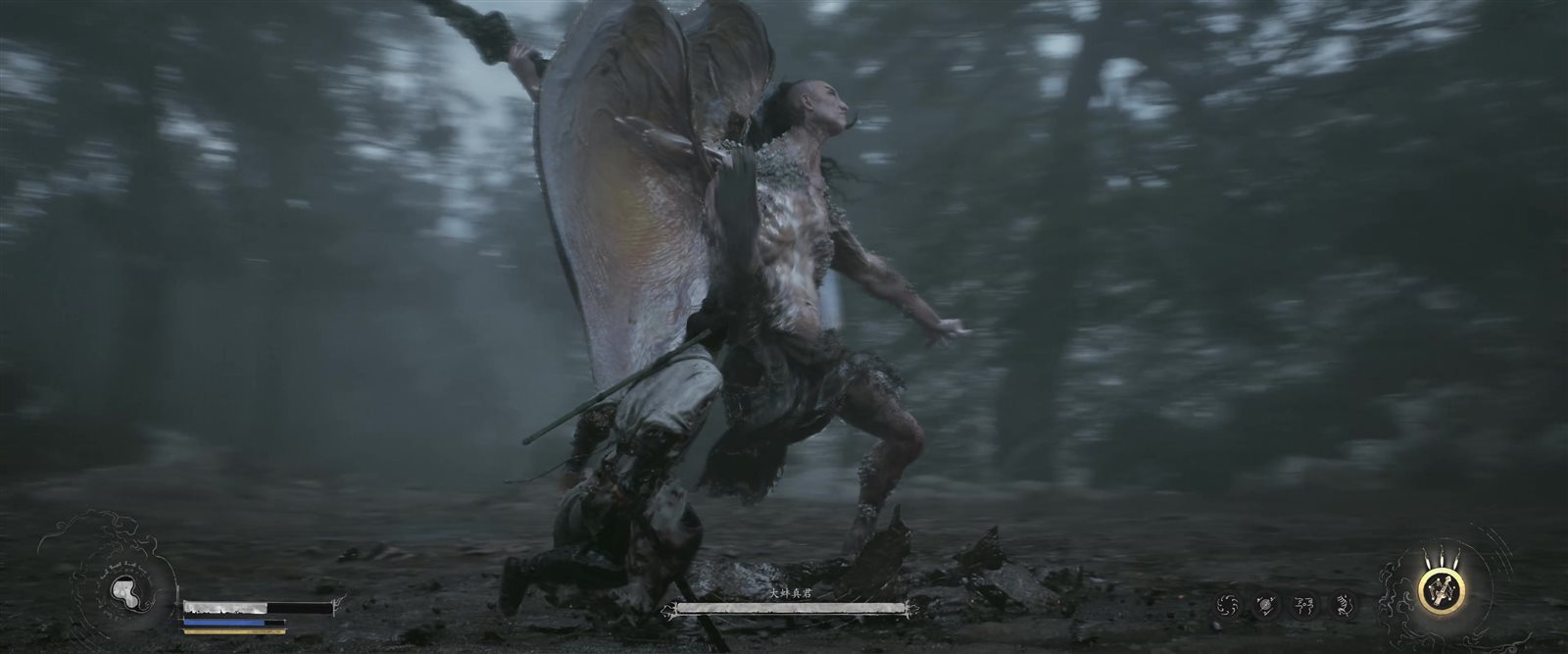 The giant clam boss mid-leap above the swordsman with its Chinese name visible on the boss bar