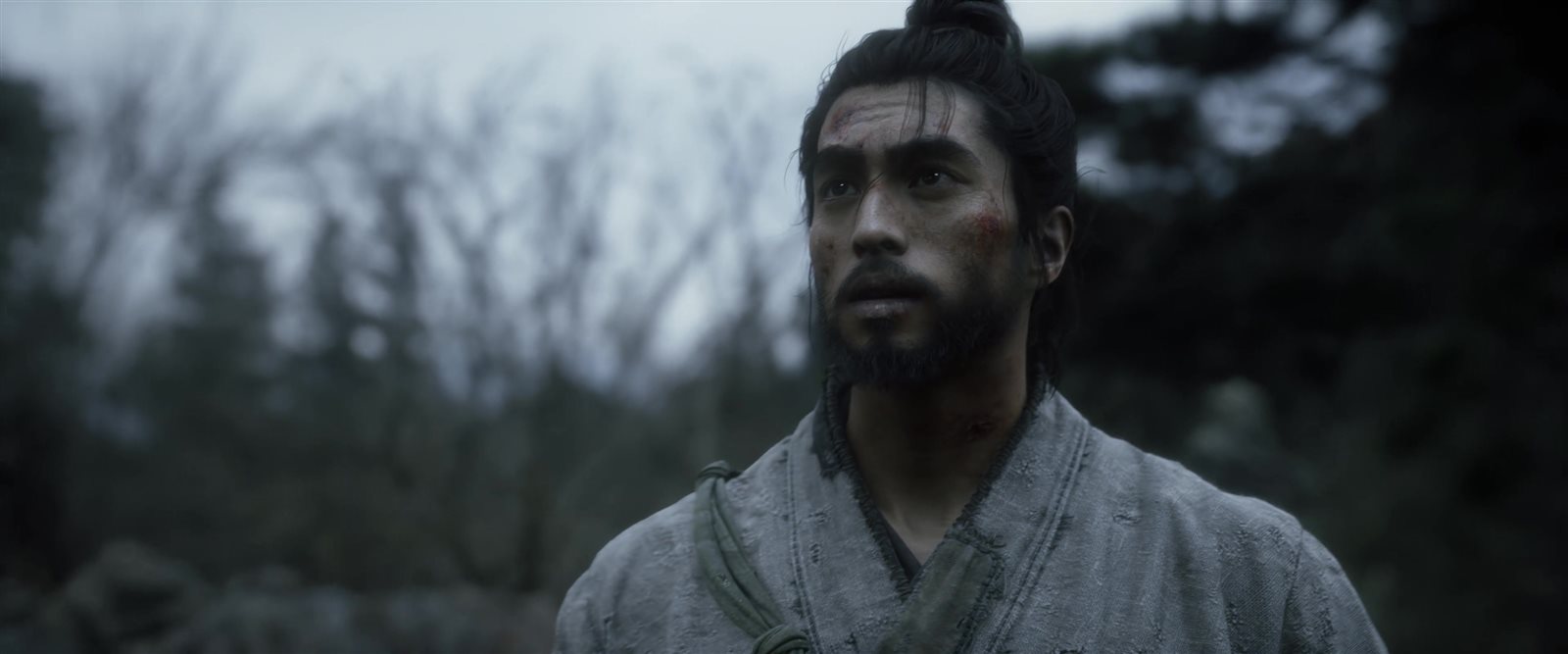 Close-up of the swordsman's face with a dark mark visible on his forehead below the hairline