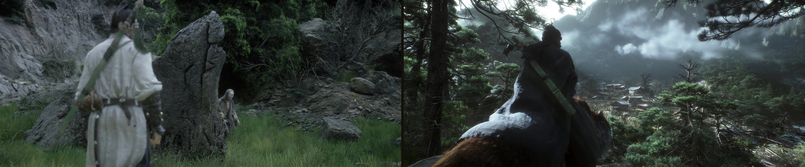 Side by side views of the swordsman's green scabbard and the similar green scabbard carried by the tiger-riding Zhong Kui