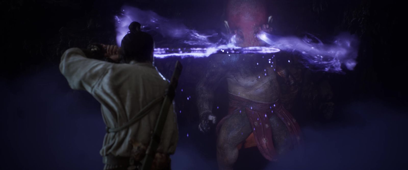 The swordsman whips a ribbon of purple lightning toward a red-clad opponent in a dark scene