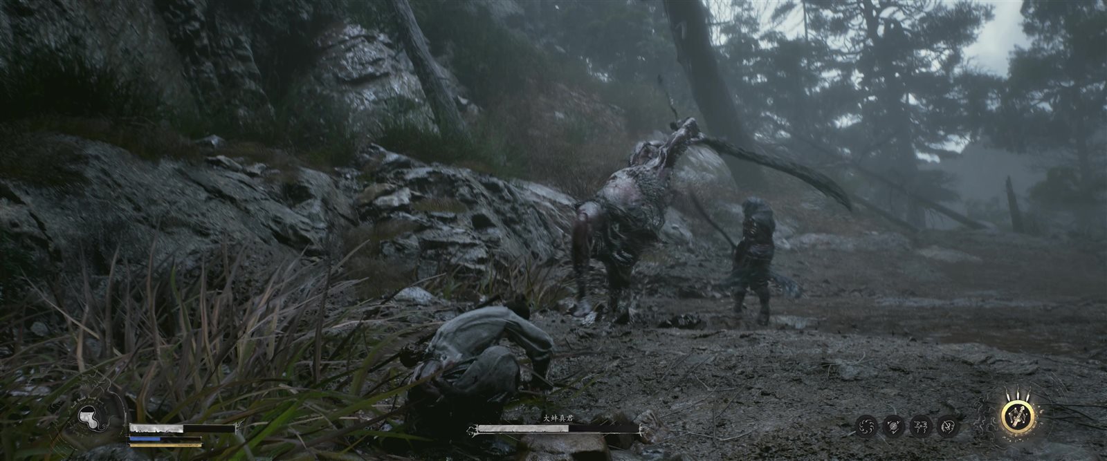 The clam boss rears up while a dark humanoid figure stands ready beside the crouching swordsman