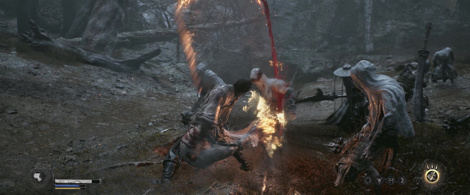 The swordsman mid-combo as a line of fire races across the ground into a pack of ghosts; HUD bars and skill icons visible