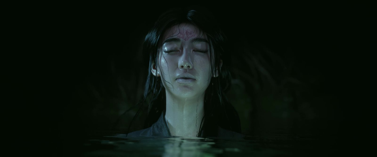 A pale woman with closed eyes and a red mark on her forehead rising from dark water