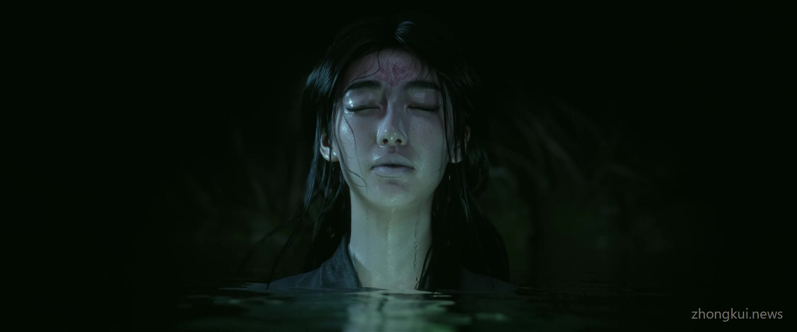 A pale woman with closed eyes and a red mark on her forehead rising from dark water